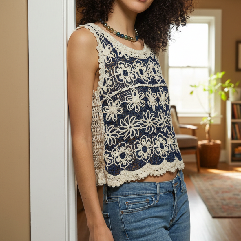 POL Crochet Openwork Floral Tank Top Round Neck Cropped Sleeveless Boho Shirt Cream Blue
