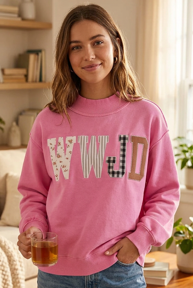 WWJD Embroidered Patchwork Mock Neck Jesus Sweatshirt Cotton Blend Oversized Pullover