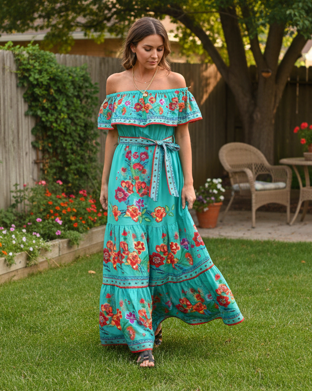 Floral Ruffle Off Shoulder Belted Elastic Waist Retro 70s Tiered Boho Maxi Dress