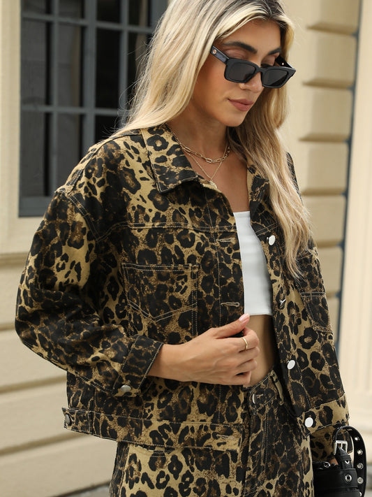 Leopard Print Denim Jean Jacket Full Button Front Classic Collar Mobwife Animal Glam