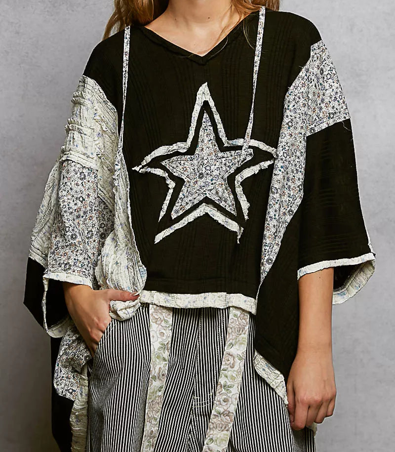 POL Star Oversized Floral Lace Patchwork Hoodie Blouse Raw Seam Retro Boxy Top