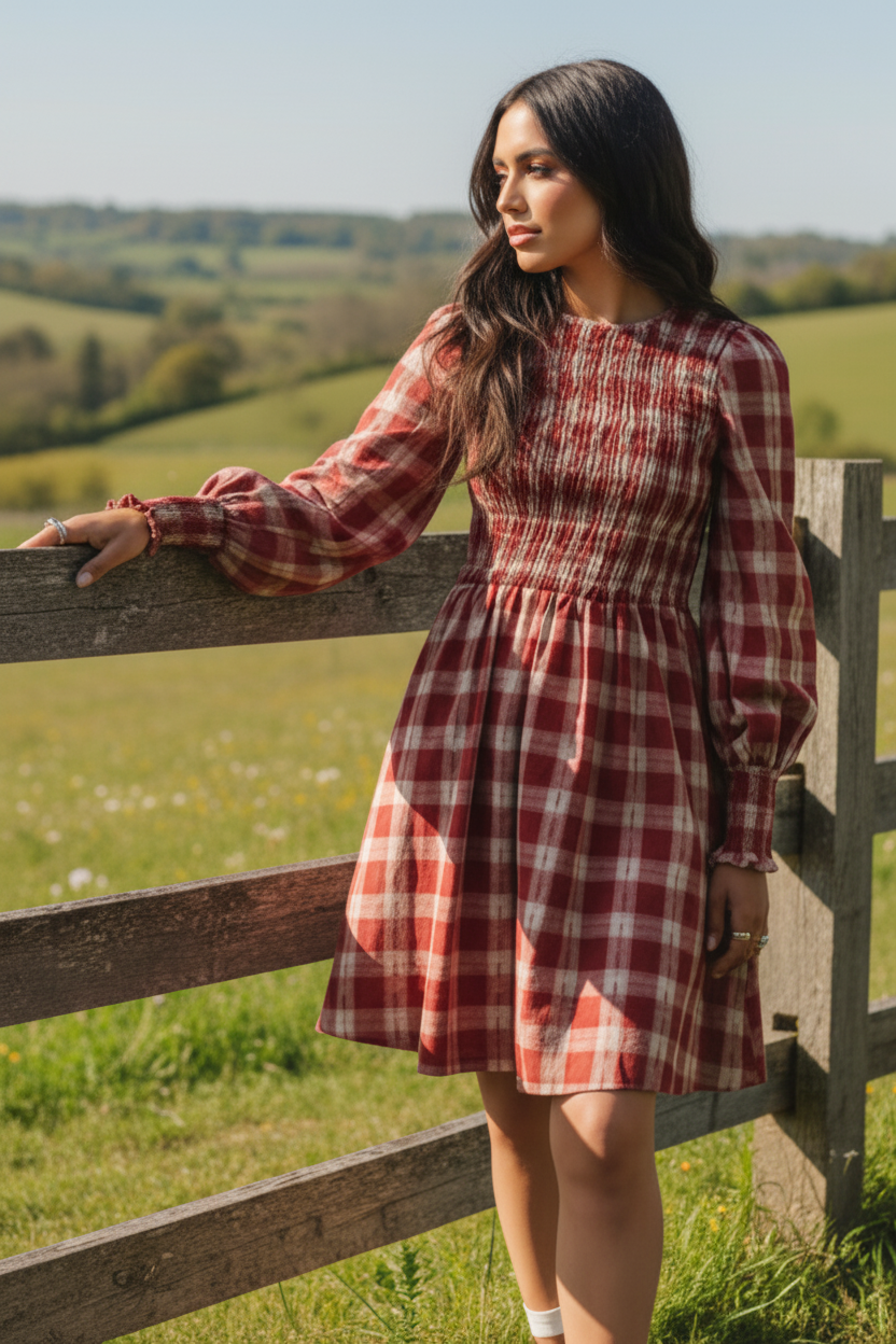Cotton Plaid Smocked Bodice Puff Long Sleeve Fit and Flare Babydoll Mini Dress