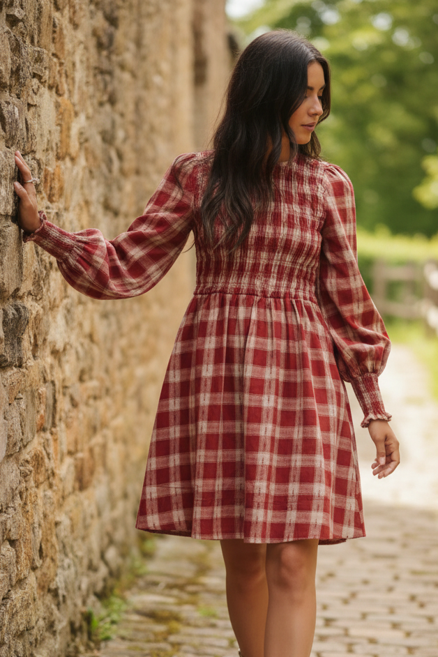 Cotton Plaid Smocked Bodice Puff Long Sleeve Fit and Flare Babydoll Mini Dress