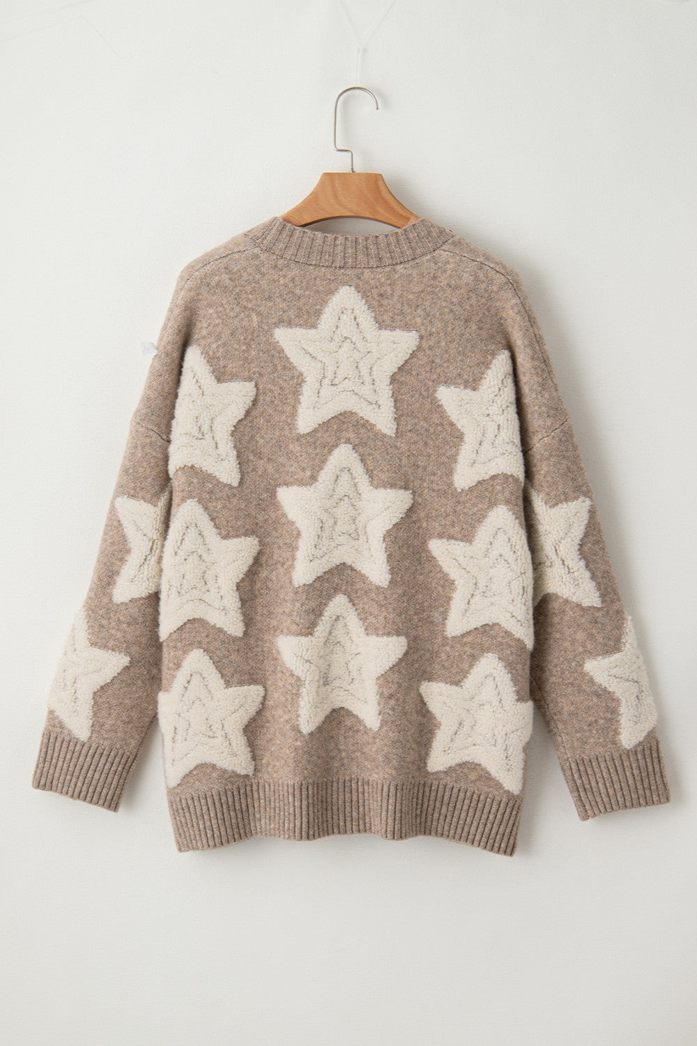 Teddy Sherpa Fuzzy Terry Star Knit Cardigan Long Sleeve Oversized Retro Varsity Button Sweater