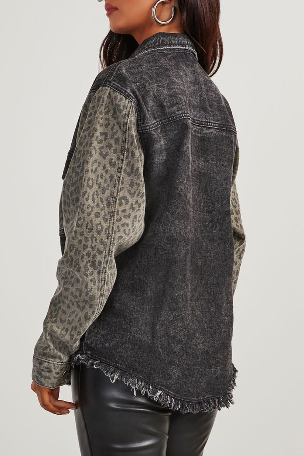 Leopard Denim Jacket Patchwork Collared Snap Front Distressed Frayed Hem Jean Shacket