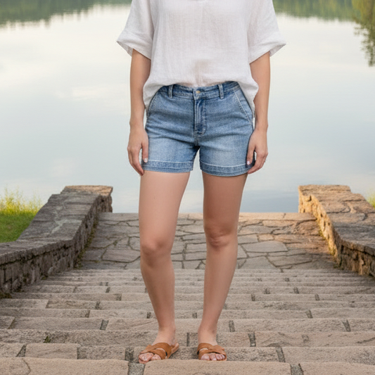 Judy Blue Mid-Rise Waist Slit Pockets Relaxed Denim Boyfriend Fit Jean Shorts