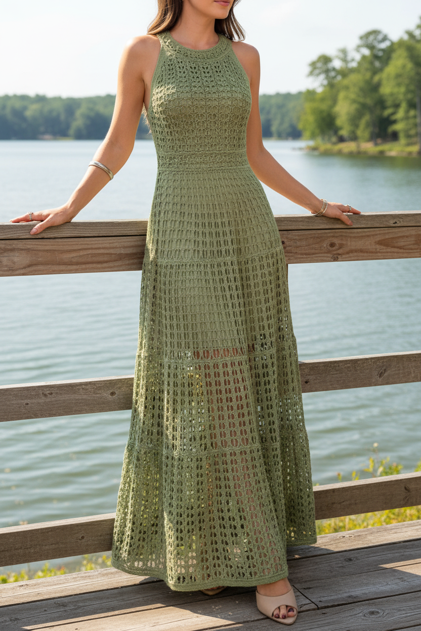 Openwork Crochet Knit Sleeveless Round Neck Illusion Mini Lined A-line Maxi Dress
