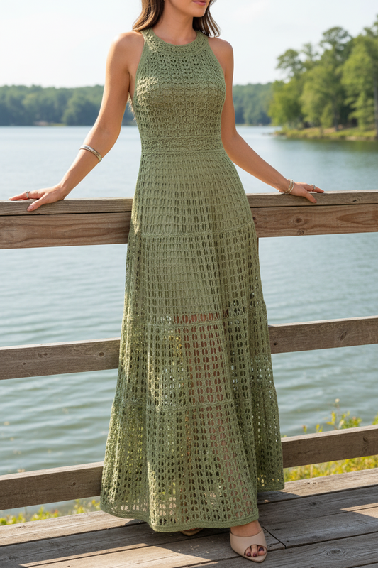 Openwork Crochet Knit Sleeveless Round Neck Illusion Mini Lined A-line Maxi Dress