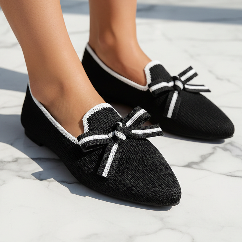 Oversized Bow Pointed Toe Knit Ballet Flats Contrast Trim Casual Slip-On Shoes