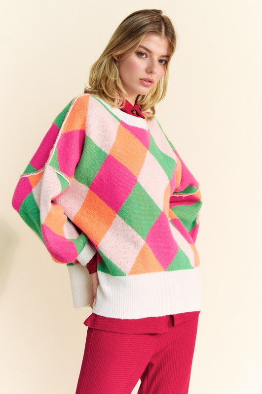 DAVI & DANI Retro Neon Diamond Stripe Long Sleeve Oversized Pullover Sweater Top