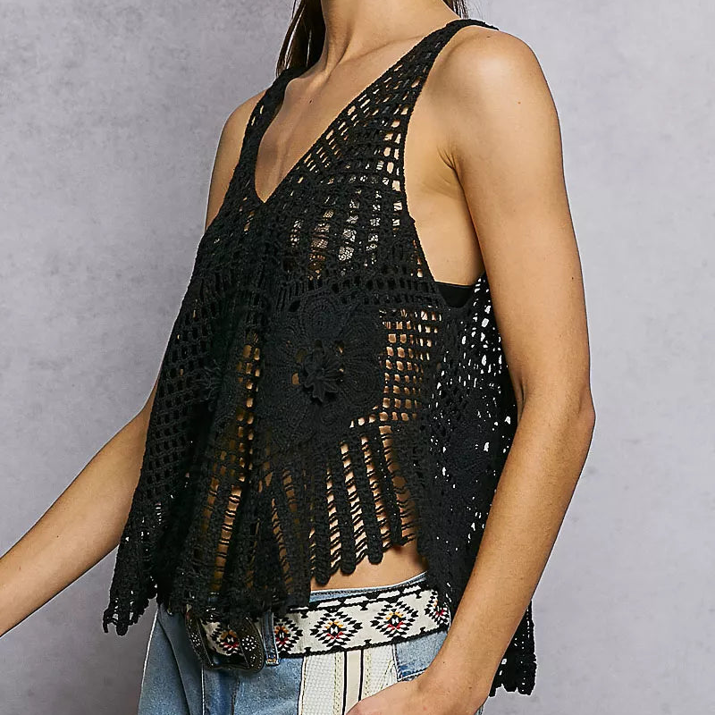 POL Cotton Floral Openwork Granny Retro Crochet Sleeveless Shirt V-Neck Tank Top Black