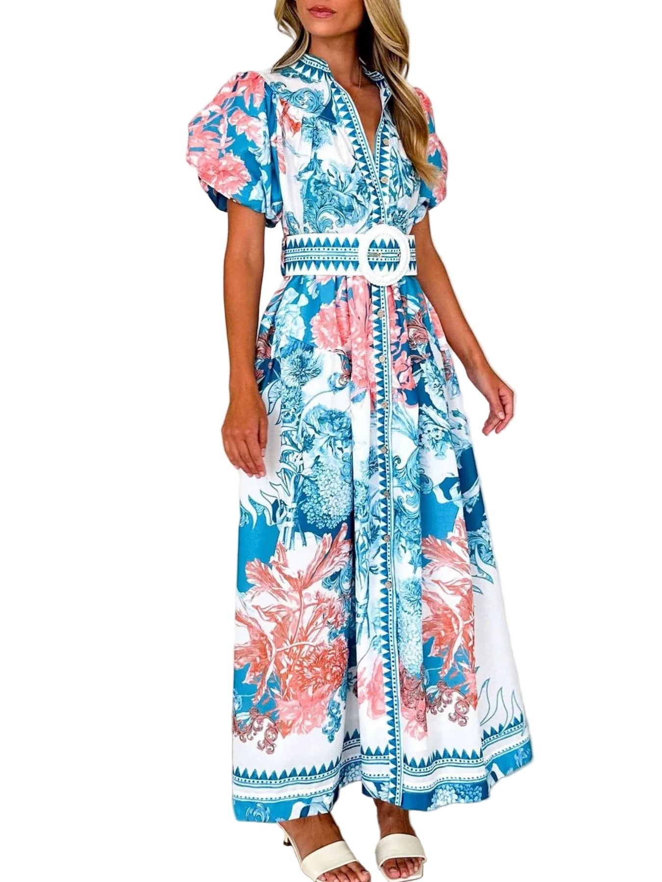 Garden Floral Button-Up Mock Neck Puff Sleeve Wide Belt Slit Front Maxi Dress