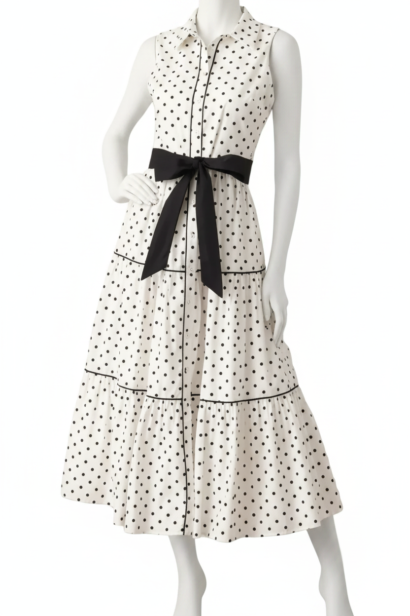 Retro Belted Button Down Collared Polka-dot Sleeveless Tiered Midi Shirt Dress