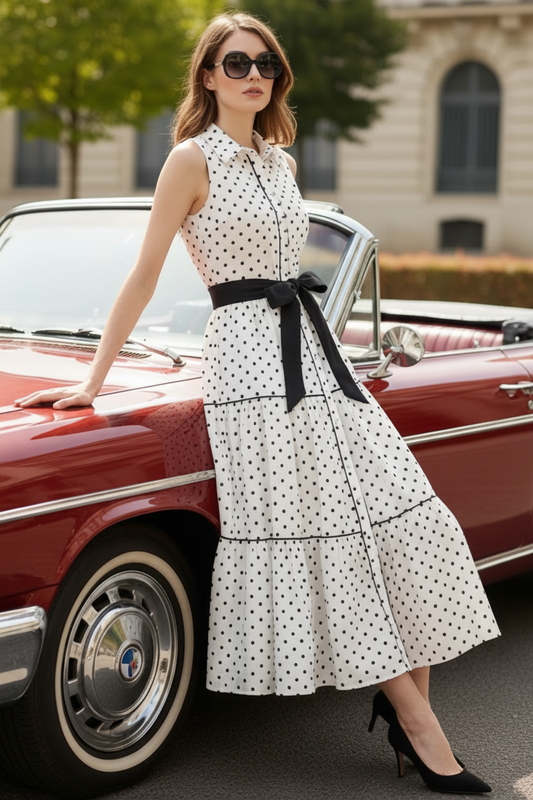 Retro Belted Button Down Collared Polka-dot Sleeveless Tiered Midi Shirt Dress