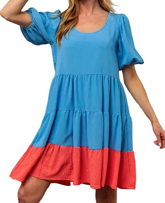BiBi Colorblock Balloon Sleeve Scoop Neck Tiered Ruffle Babydoll Mini Dress Sky Blue