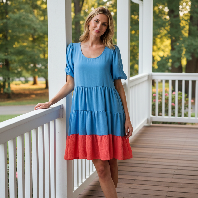BiBi Colorblock Balloon Sleeve Scoop Neck Tiered Ruffle Babydoll Mini Dress Sky Blue