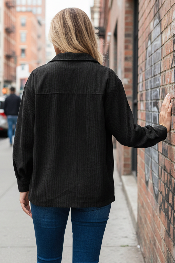 Retro Corduroy Button-Down Collared Shacket Lightweight Chest Pocket Jacket