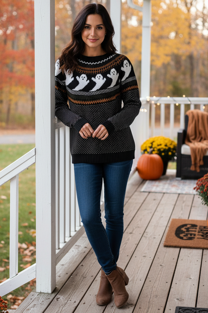 Ghost Fair Isle Nordic Crew Neck Top Long Sleeve Halloween Pullover Knit Sweater