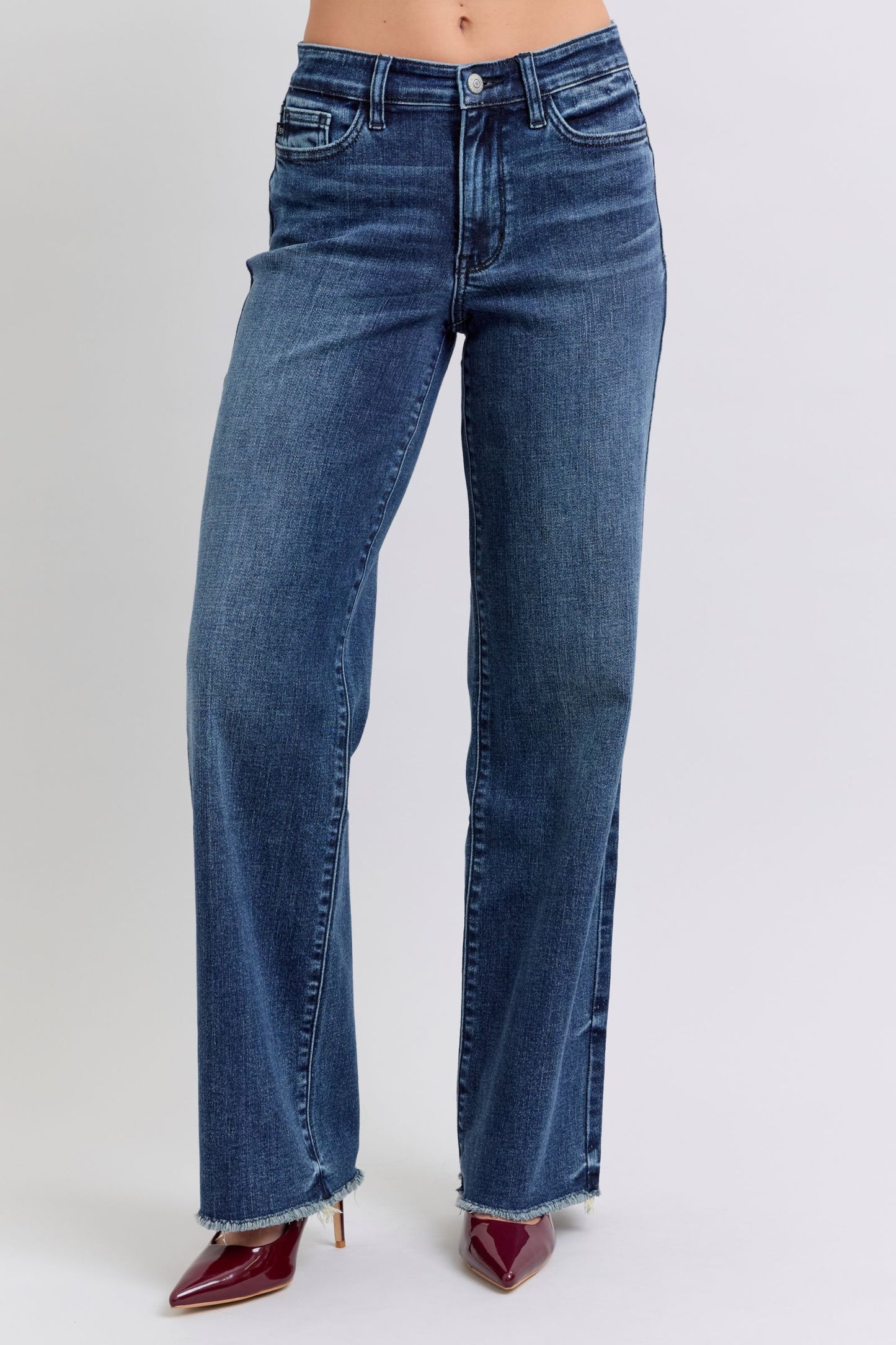 Judy Blue Mid-Rise Straight Leg Boyfriend Relaxed Jeans Raw Hem Denim Pants