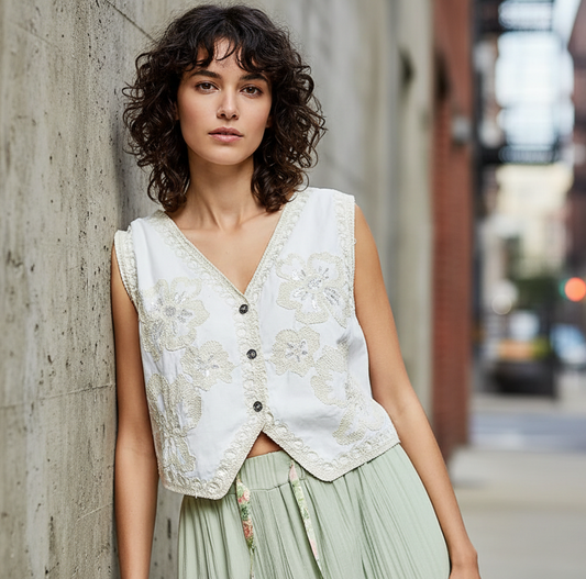 POL Sequin Floral Embroidered Crochet V-Neck Button-Up Top Sleeveless Boho Vest White