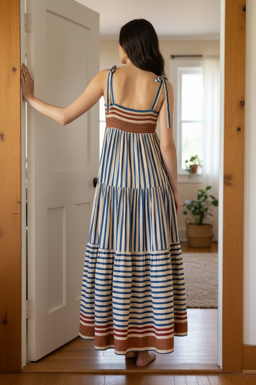 Bow Tie-Shoulder Sleeveless Square Neck Smocked Back Tiered A-line Maxi Dress