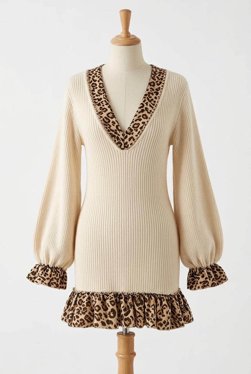 Ribbed Knit Ruffle Leopard Trim Plunging V-Neck Long Balloon Sleeve Mini Dress