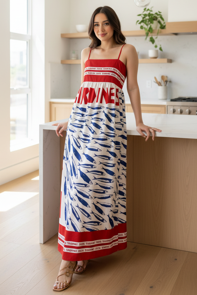Mediterranean Sardine Fish Square Neck Adjustable Spaghetti Strap Maxi Dress