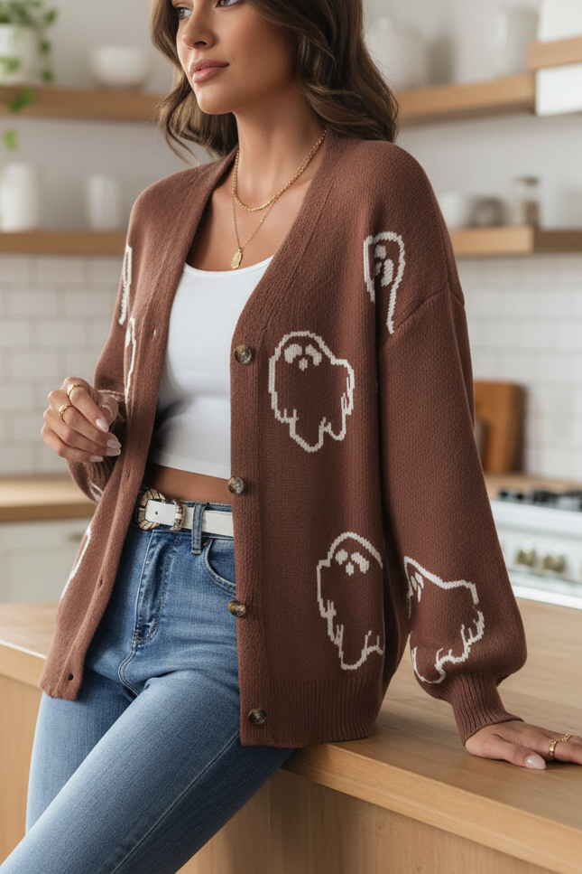 Contrast Knit Ghost V-Neck Button Front Cardigan Halloween Long Sleeve Pullover