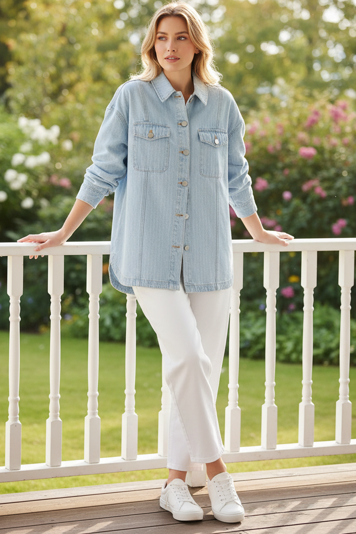Risen Stripe Cotton Shacket Oversized Boyfriend Button-Up Denim Shirt Tail Hem