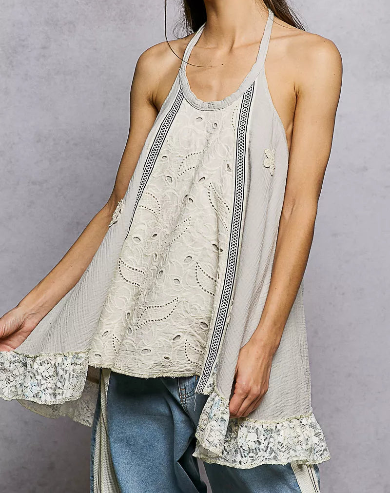 POL Lace Ruffle Eyelet Mixed Patchwork Gauze Halter Top Open Back Tunic Shirt