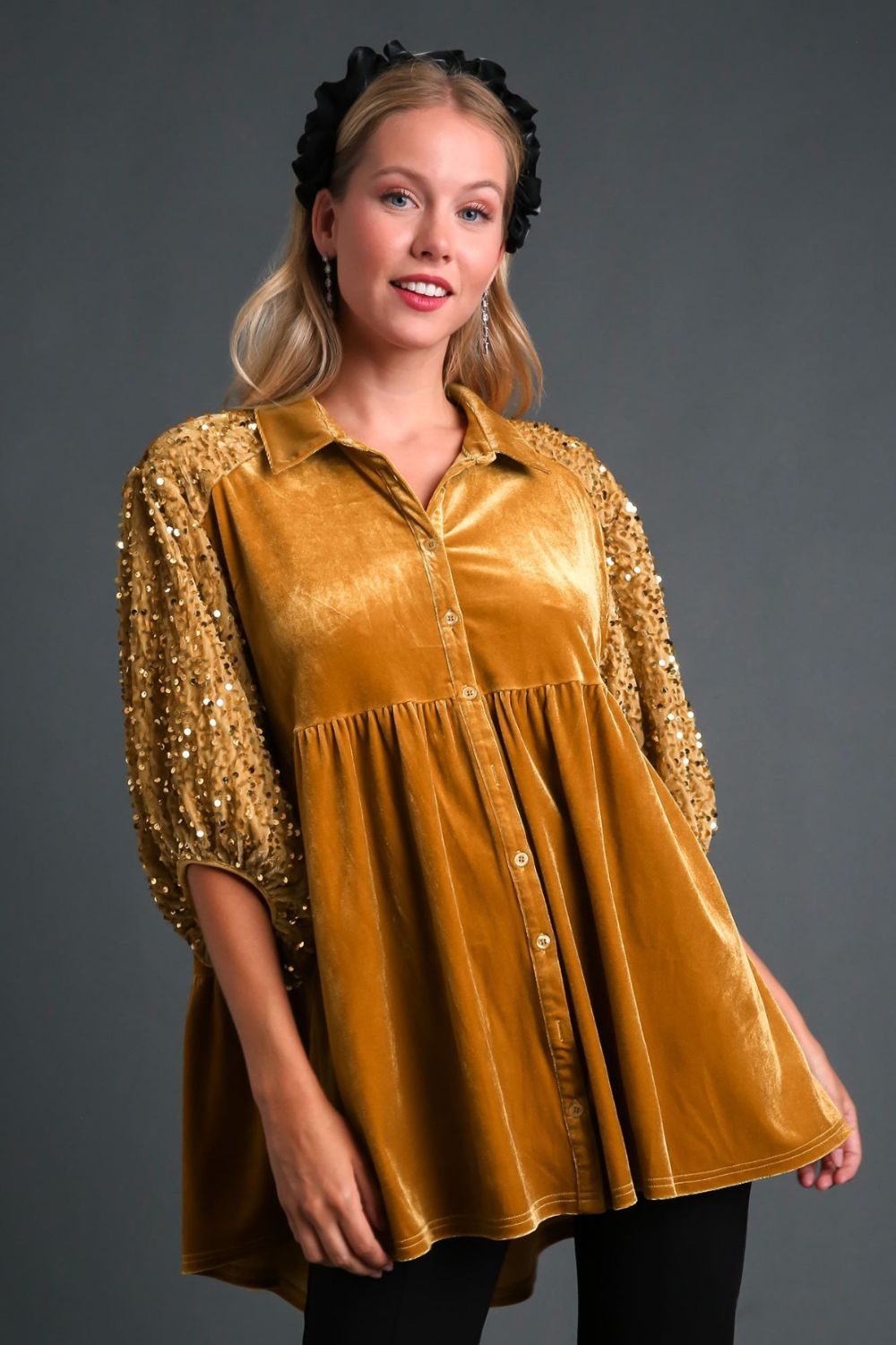 Umgee Sequin Velour Boho Oversized Tunic Top Babydoll Button-Up Shirt Velvet Blouse