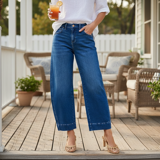 Risen Mid-Rise Relaxed Fit Barrel Leg Cropped Ankle Jeans Horseshoe Denim Pants