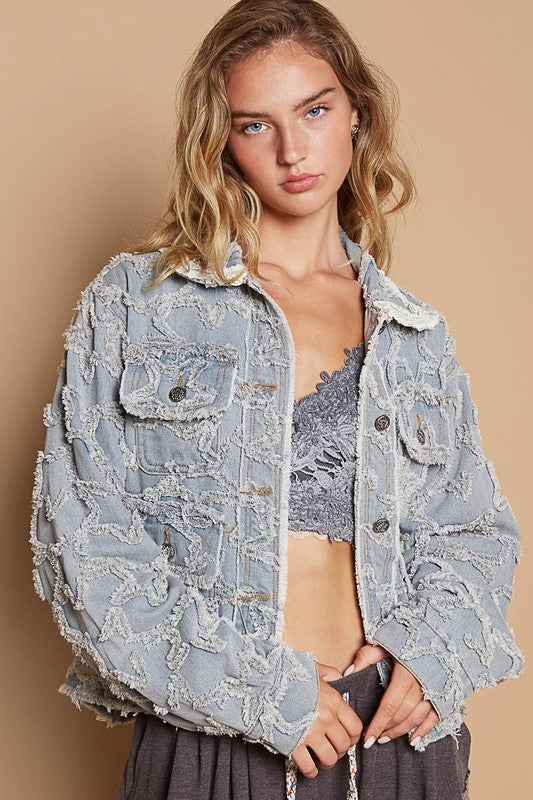 POL Star Distressed Denim Lace Collar Frayed Large Pocket Button Cotton Jacket