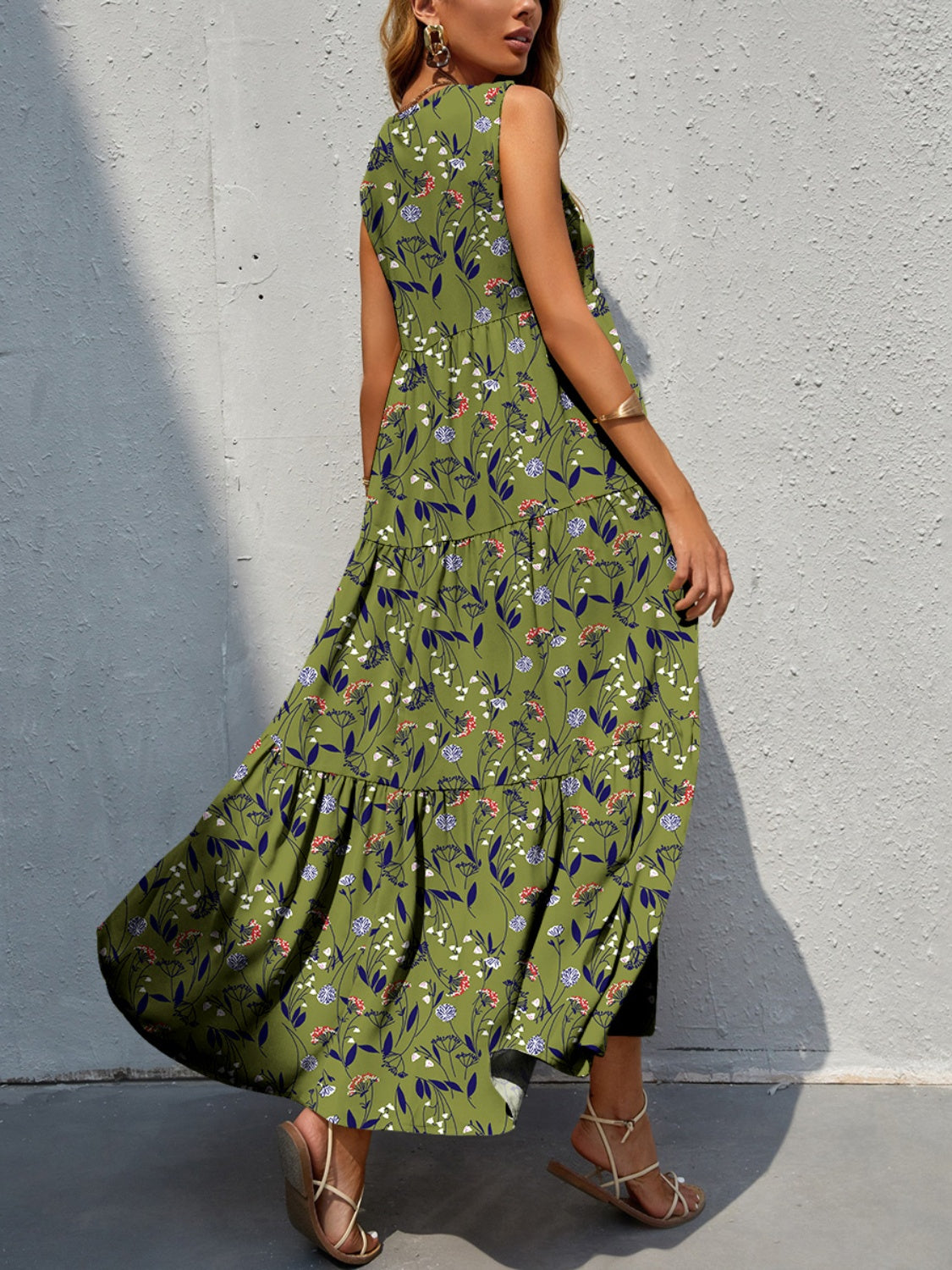 Bold Colorful Retro Floral Sleeveless Tiered V-Neck Oversized Summer Maxi Dress