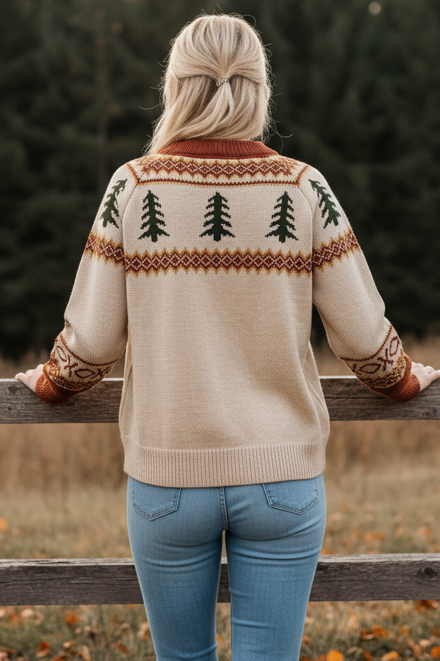 Pine Tree Fair Isle Round Neck Long Sleeve Nordic Fall Cottage Knit Sweater