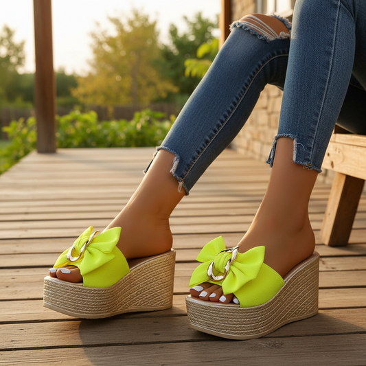 Gold Chain Oversized Bow Platform Open Toe Shoes Slip On Coquette Sandals