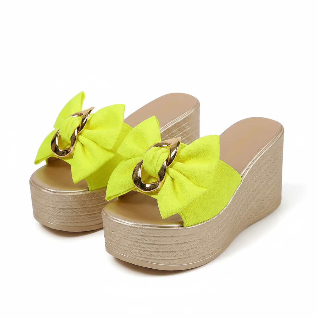 Gold Chain Oversized Bow Platform Open Toe Shoes Slip On Coquette Sandals