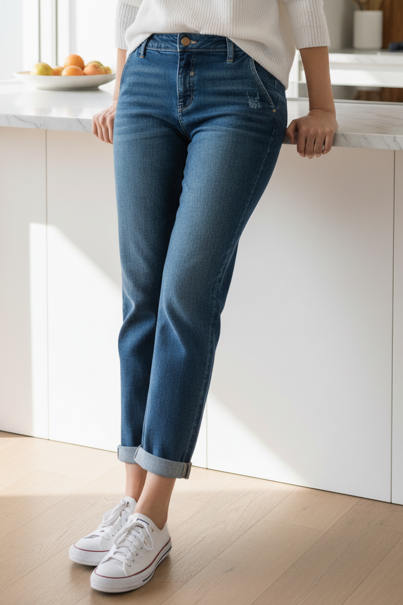 Risen Baggy Boyfriend Straight Leg Distressed Pants Cropped Cuff Hem Denim Jeans
