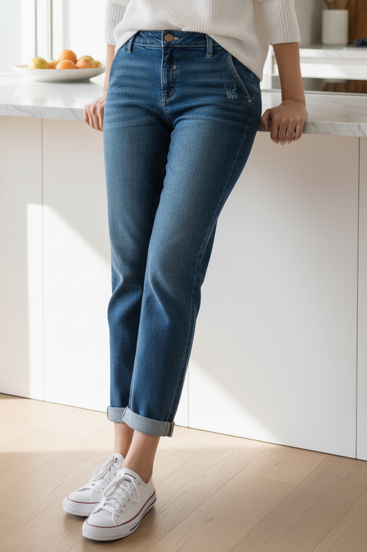 Risen Baggy Boyfriend Straight Leg Distressed Pants Cropped Cuff Hem Denim Jeans