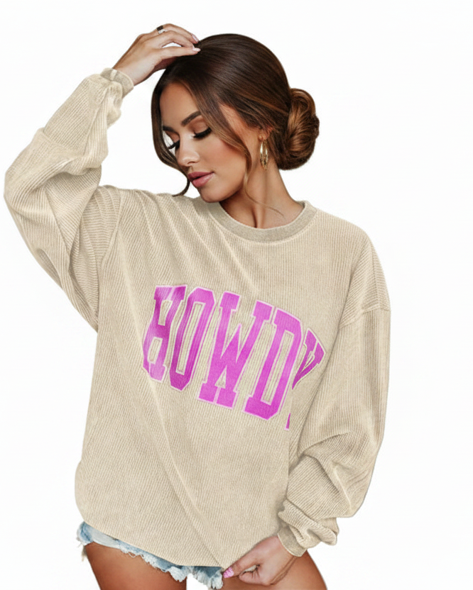 HOWDY Western Top Ribbed Oversized Sweatshirt Long Sleeve Crew Neck Pullover
