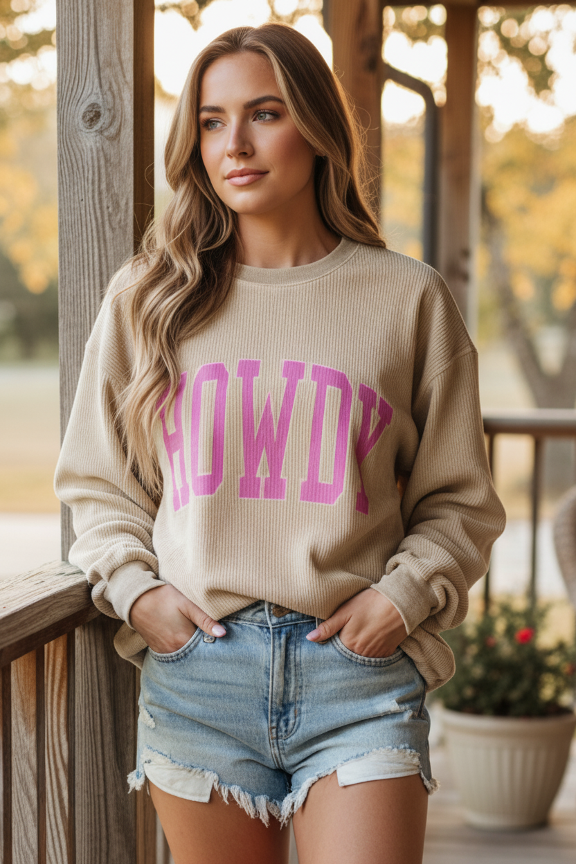 HOWDY Western Top Ribbed Oversized Sweatshirt Long Sleeve Crew Neck Pullover