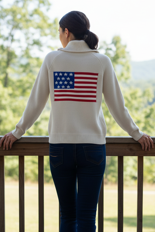American USA Flag V-Neck Button Front Patch Pocket Long Sleeve Boxy Knit Cardigan