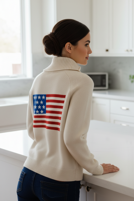 American USA Flag V-Neck Button Front Patch Pocket Long Sleeve Boxy Knit Cardigan