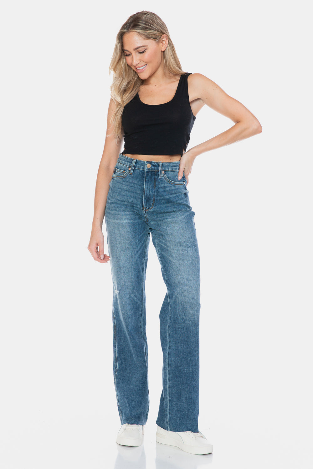 Judy Blue Tummy Control High-Rise Boyfriend Jeans Straight Leg Raw Denim Pants