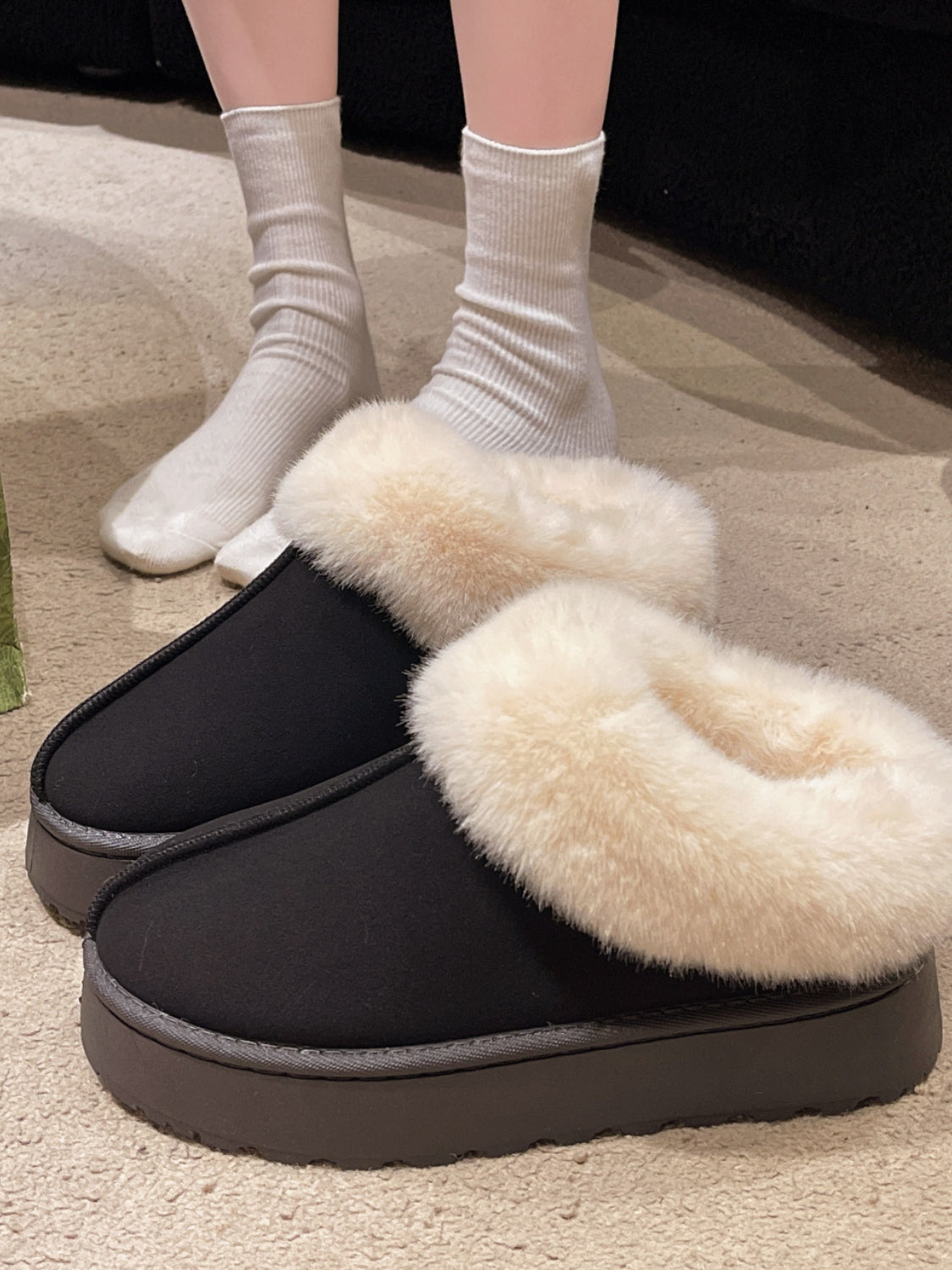 Platform Slippers Tazzette Plush Faux Fur Collar Slip-on Vegan Suede Winter Shoes