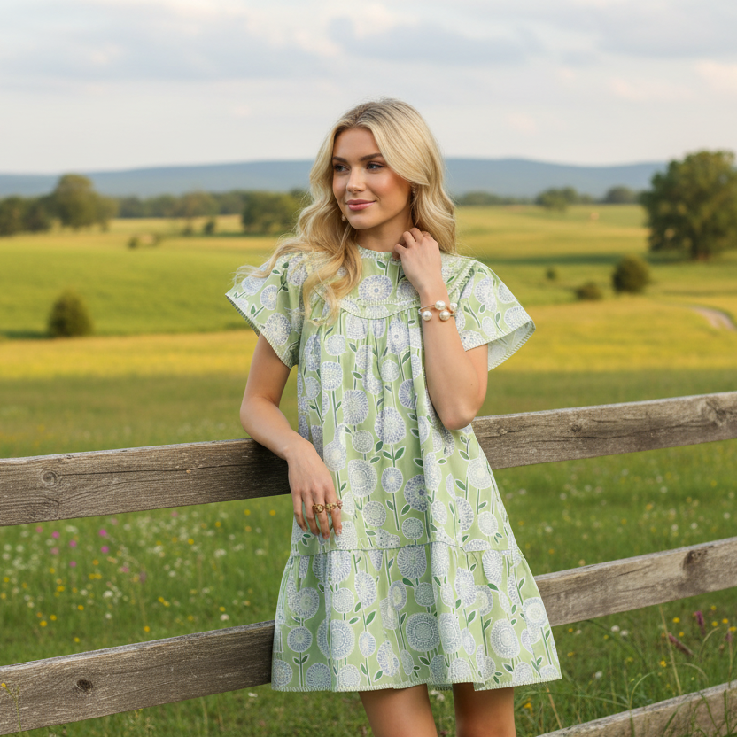 Umgee Tiered Cotton Babydoll Contrast Abstract Mini Dress Ruffle Mock Neck Short Flutter Sleeves Green