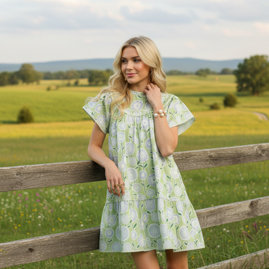 Umgee Tiered Cotton Babydoll Contrast Abstract Mini Dress Ruffle Mock Neck Short Flutter Sleeves Green