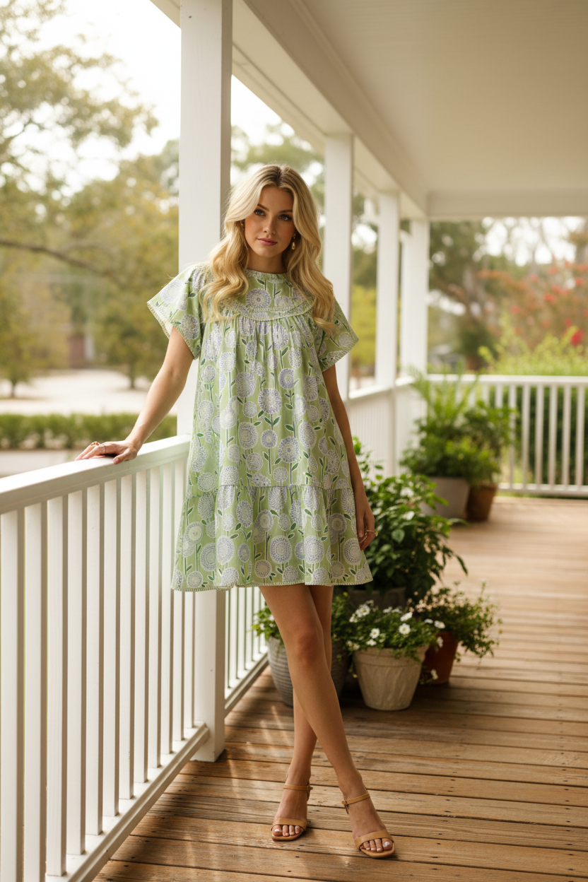 Umgee Tiered Cotton Babydoll Contrast Abstract Mini Dress Ruffle Mock Neck Short Flutter Sleeves Green