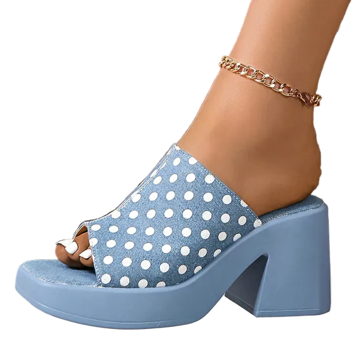 Denim Polka Dot Platform Mules Open Toe Shoes Chunky Block Heel Slip-On Sandals