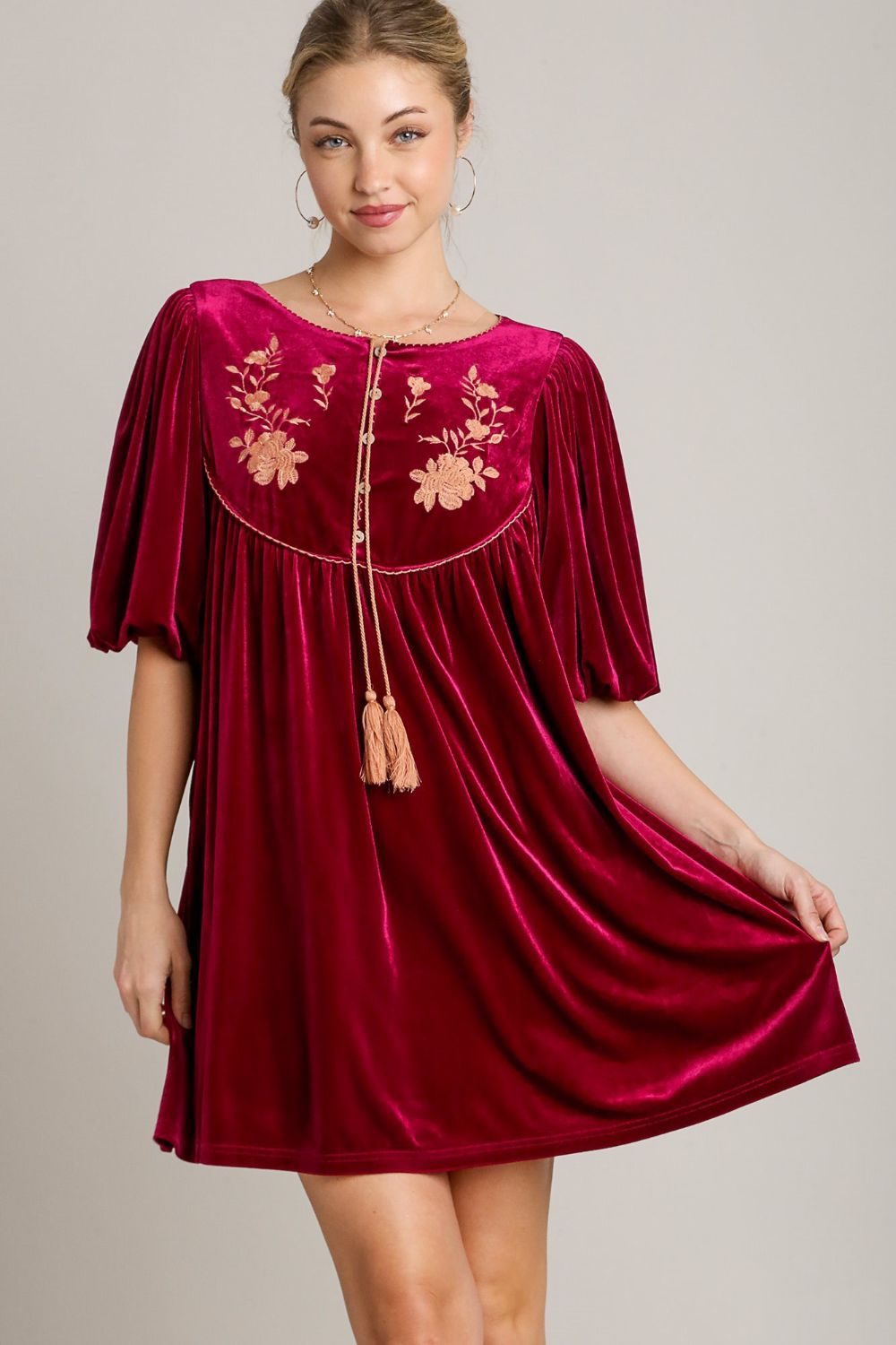 Umgee Velvet Rose Embroidered Floral Tassel Half Sleeve Trapeze Mini Dress